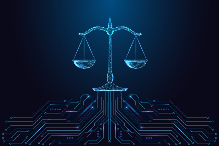 AI ethics, Digital law, justice technology concept with glowing balance scale, vector illustration